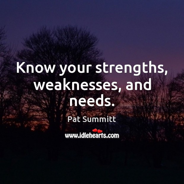 Know your strengths, weaknesses, and needs. Pat Summitt Picture Quote