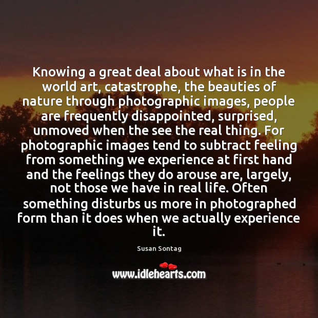 Knowing a great deal about what is in the world art, catastrophe, Susan Sontag Picture Quote