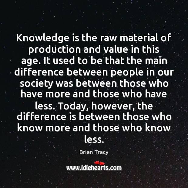 Knowledge is the raw material of production and value in this age. Brian Tracy Picture Quote