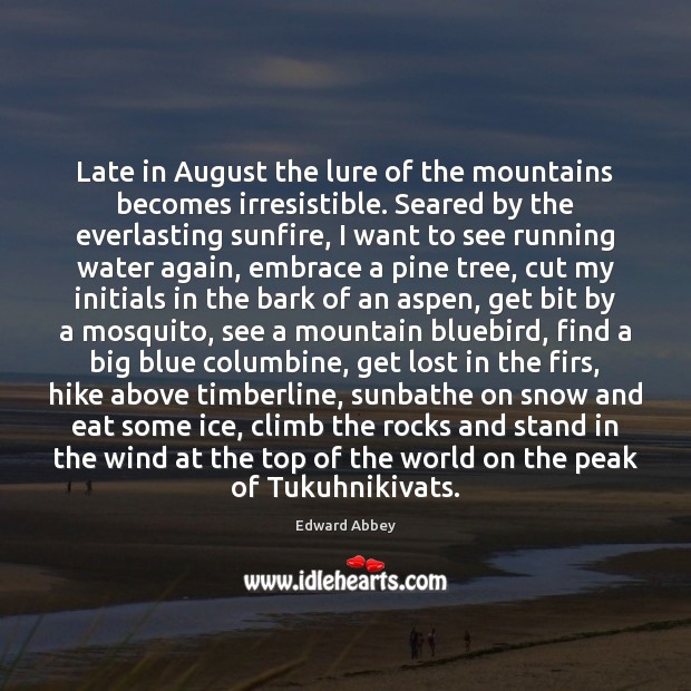 Late in August the lure of the mountains becomes irresistible. Seared by Edward Abbey Picture Quote