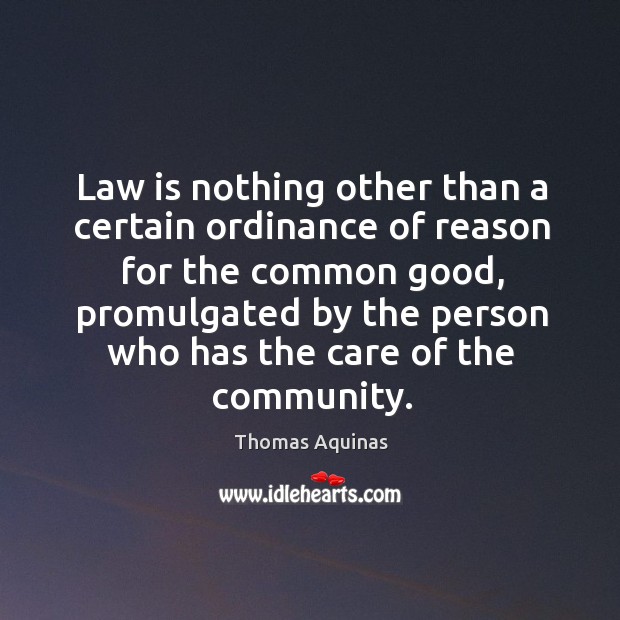 Law is nothing other than a certain ordinance of reason for the common good, promulgated by Thomas Aquinas Picture Quote