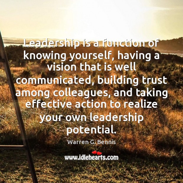 Leadership is a function of knowing yourself, having a vision that is Warren G. Bennis Picture Quote