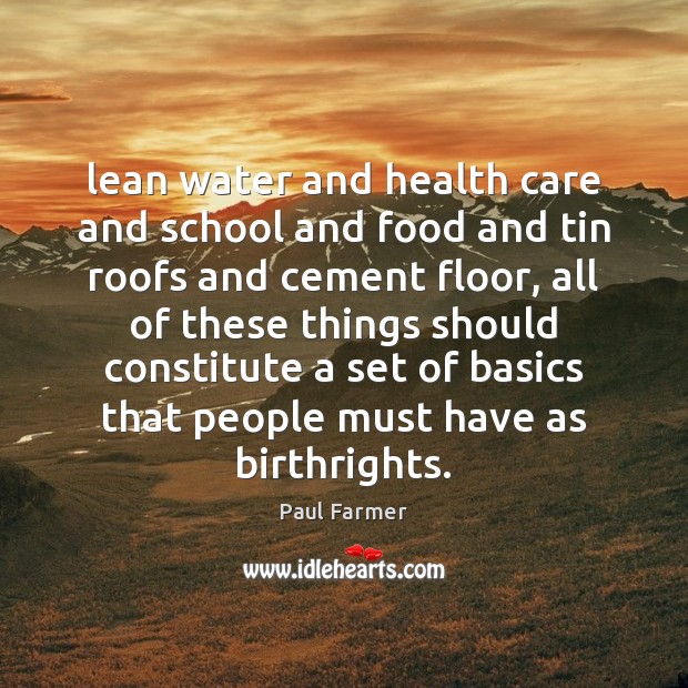 Lean water and health care and school and food and tin roofs Paul Farmer Picture Quote