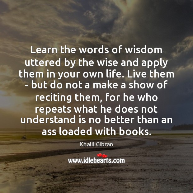 Learn the words of wisdom uttered by the wise and apply them Khalil Gibran Picture Quote