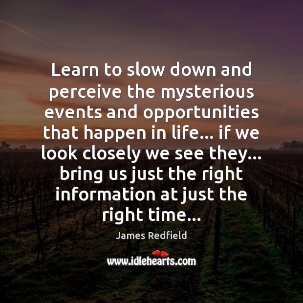 Learn to slow down and perceive the mysterious events and opportunities that James Redfield Picture Quote