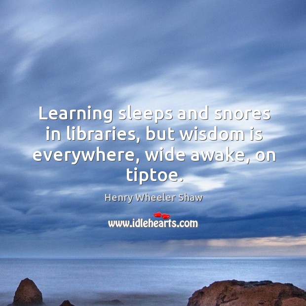 Learning sleeps and snores in libraries, but wisdom is everywhere, wide awake, on tiptoe. Henry Wheeler Shaw Picture Quote