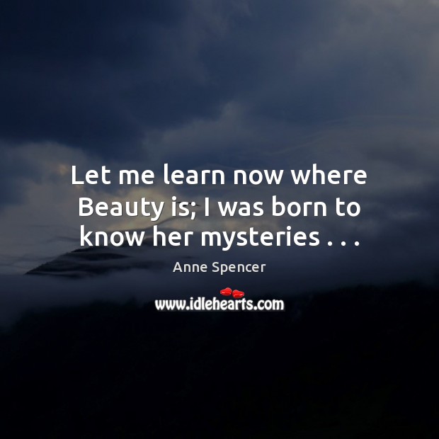 Let me learn now where Beauty is; I was born to know her mysteries . . . Anne Spencer Picture Quote