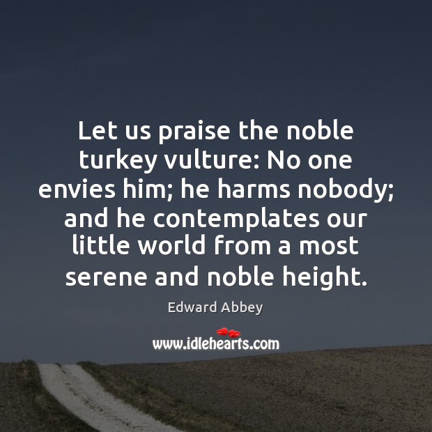 Let us praise the noble turkey vulture: No one envies him; he 