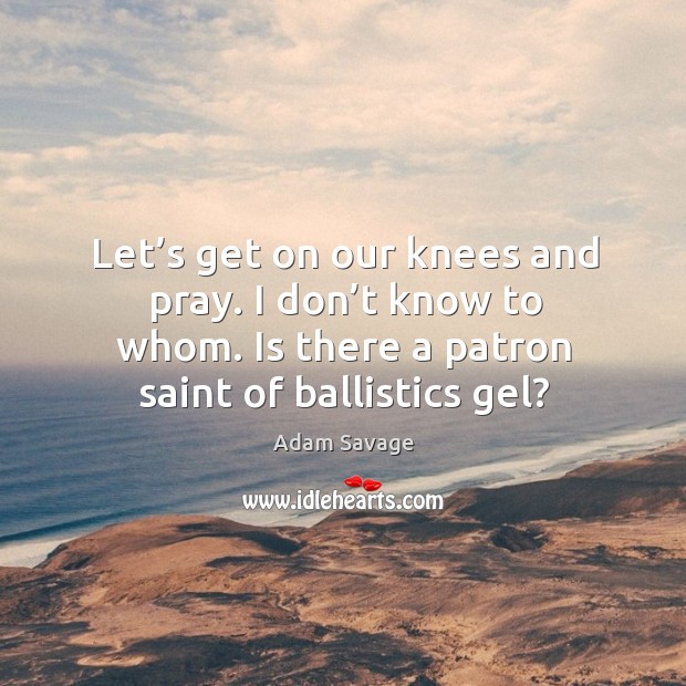 Let’s get on our knees and pray. I don’t know to whom. Is there a patron saint of ballistics gel? Adam Savage Picture Quote