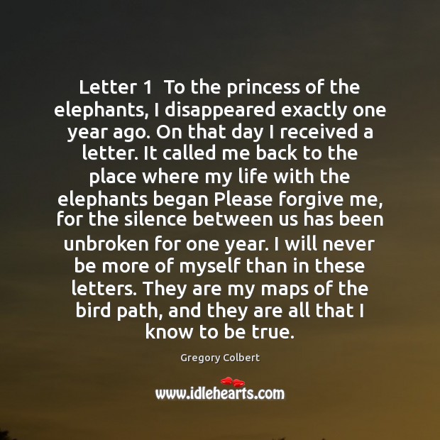 Letter 1  To the princess of the elephants, I disappeared exactly one year Gregory Colbert Picture Quote
