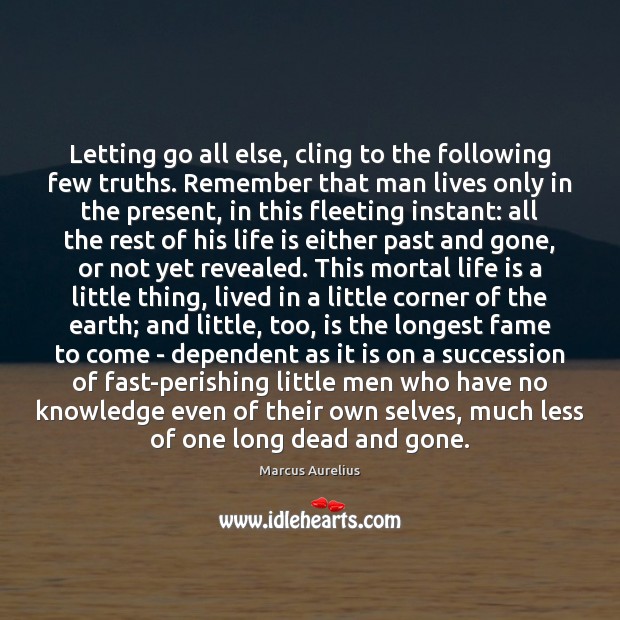 Letting go all else, cling to the following few truths. Remember that Marcus Aurelius Picture Quote