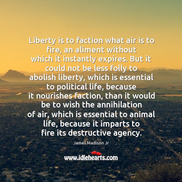 Liberty is to faction what air is to fire, an aliment without which it instantly expires. James Madison Jr Picture Quote