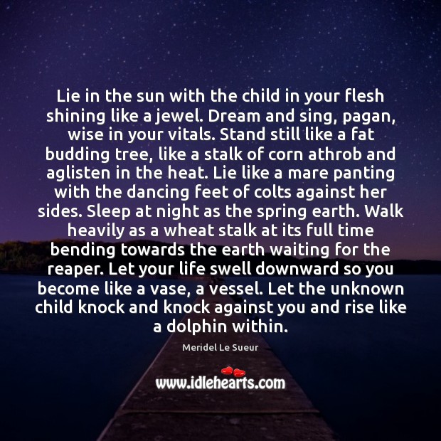 Lie in the sun with the child in your flesh shining like Meridel Le Sueur Picture Quote