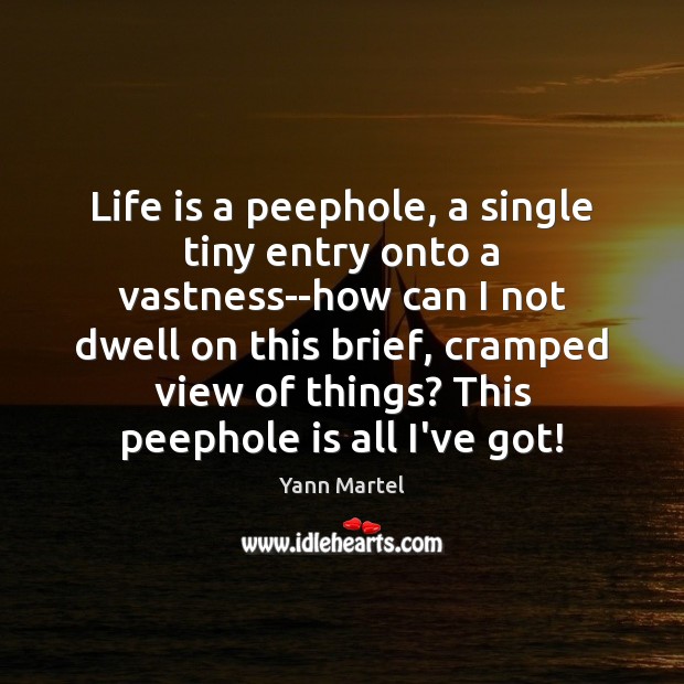 Life is a peephole, a single tiny entry onto a vastness–how can Yann Martel Picture Quote