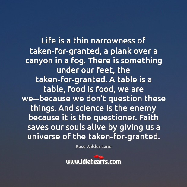 Life is a thin narrowness of taken-for-granted, a plank over a canyon Food Quotes Image