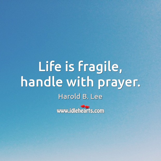 Life is fragile, handle with prayer. Harold B. Lee Picture Quote