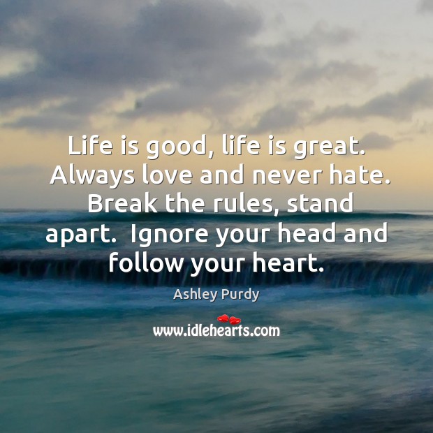 Life is good, life is great.  Always love and never hate.  Break Hate Quotes Image