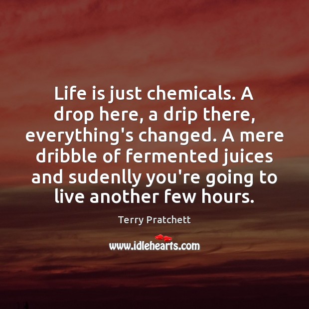 Life is just chemicals. A drop here, a drip there, everything’s changed. Terry Pratchett Picture Quote