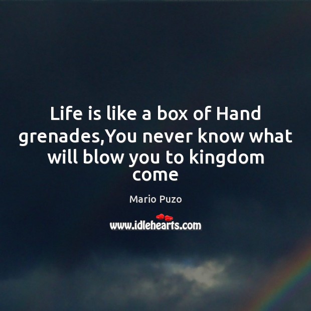 Life is like a box of Hand grenades,You never know what will blow you to kingdom come Mario Puzo Picture Quote