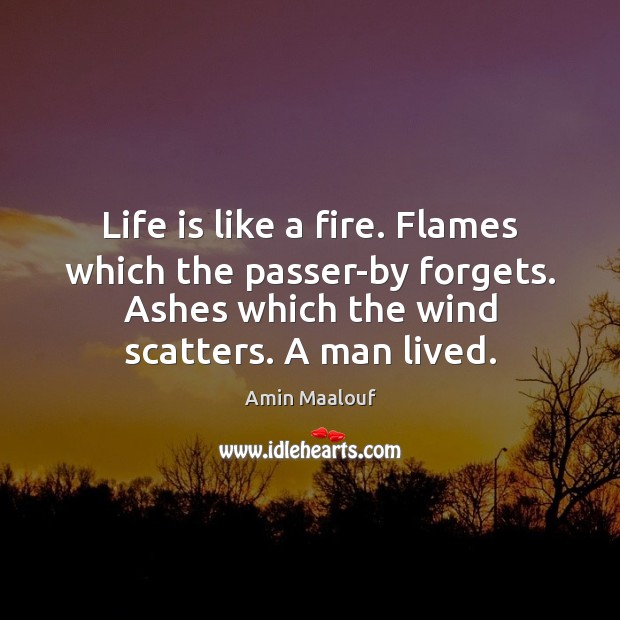 Life is like a fire. Flames which the passer-by forgets. Ashes which Amin Maalouf Picture Quote