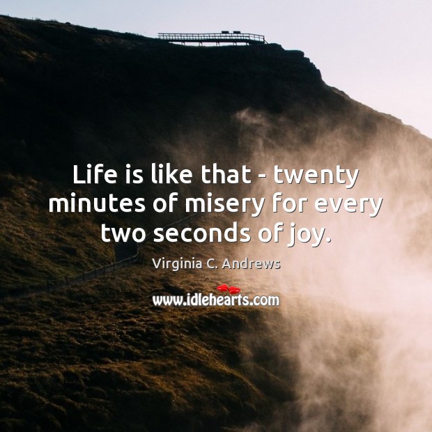 Life is like that – twenty minutes of misery for every two seconds of joy. Virginia C. Andrews Picture Quote