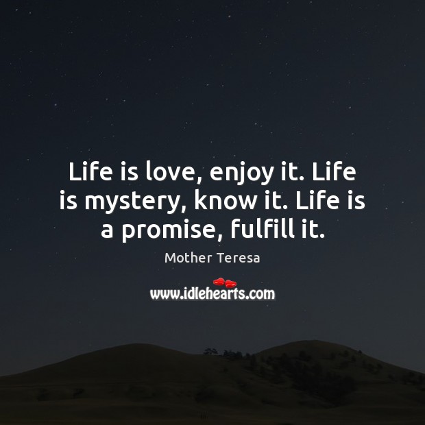 Life is love, enjoy it. Life is mystery, know it. Life is a promise, fulfill it. Image