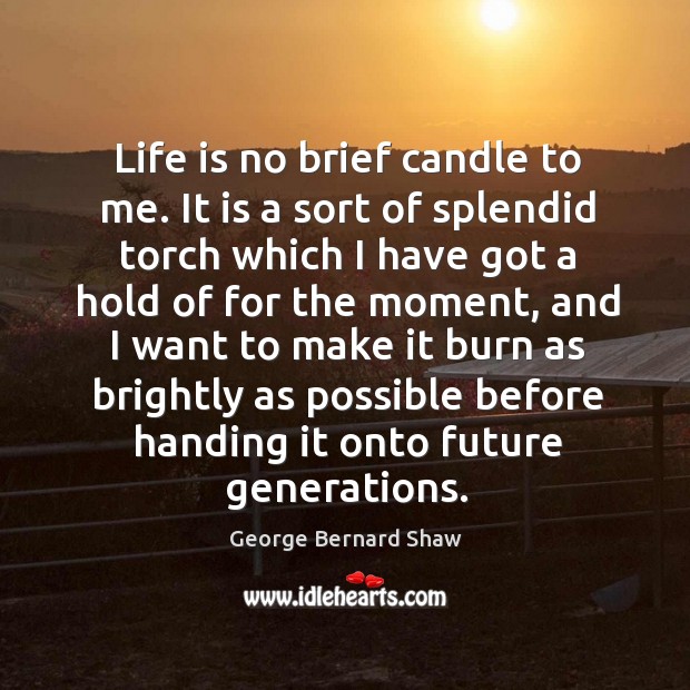 Life is no brief candle to me. It is a sort of splendid torch which I have got a hold of for the moment Image