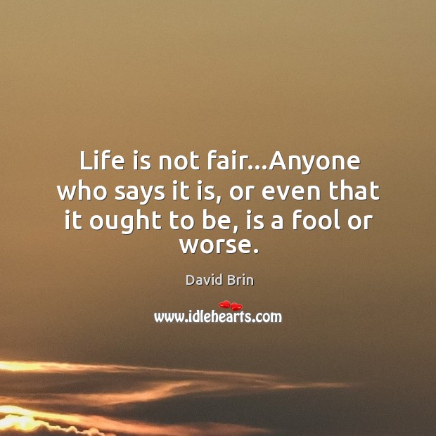 Life is not fair…Anyone who says it is, or even that it ought to be, is a fool or worse. David Brin Picture Quote