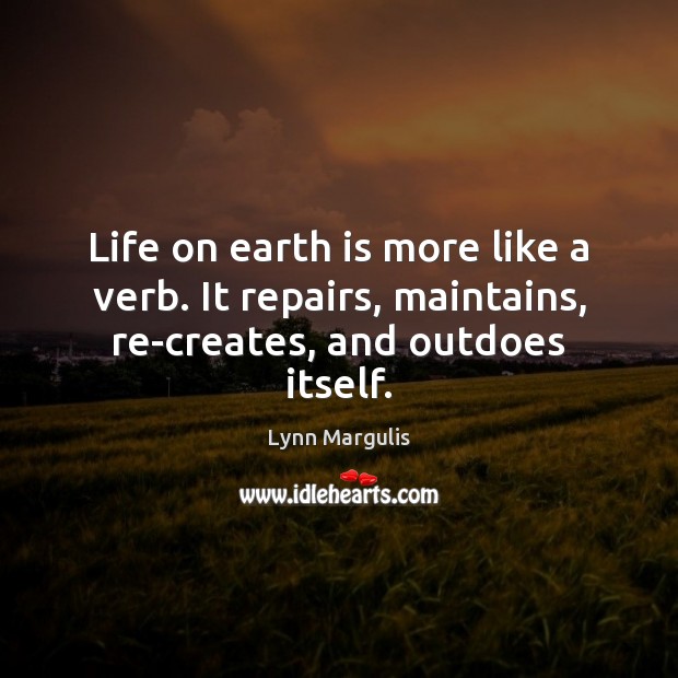 Life on earth is more like a verb. It repairs, maintains, re-creates, and outdoes itself. Lynn Margulis Picture Quote