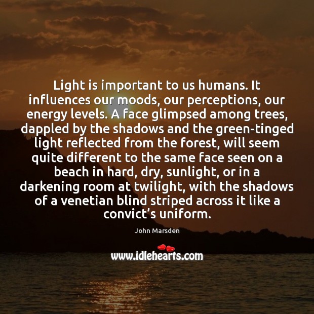 Light is important to us humans. It influences our moods, our perceptions, John Marsden Picture Quote