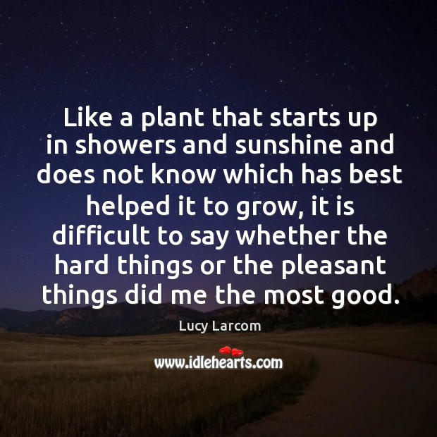 Like a plant that starts up in showers and sunshine and does not know which has Lucy Larcom Picture Quote