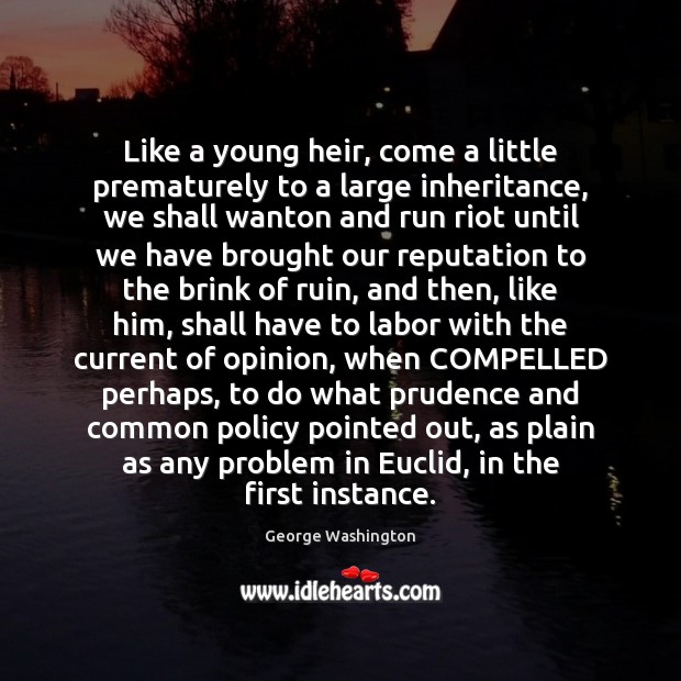 Like a young heir, come a little prematurely to a large inheritance, George Washington Picture Quote