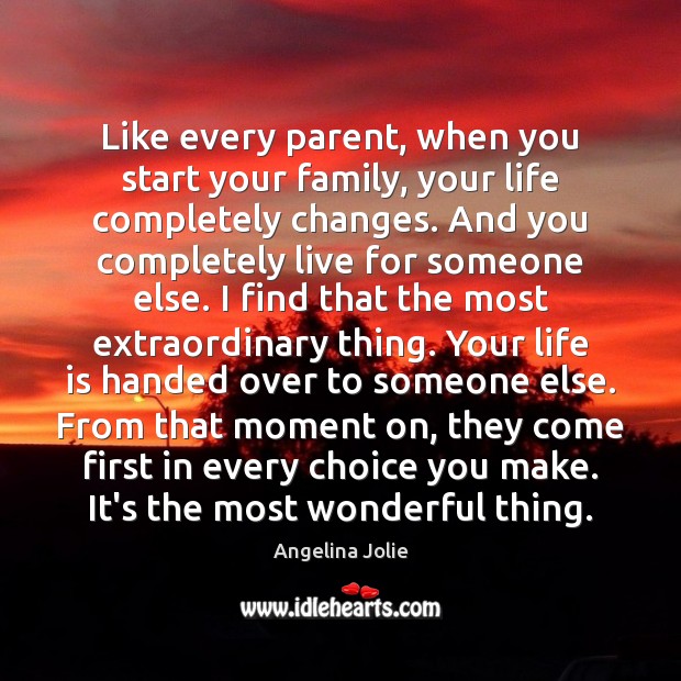 Like every parent, when you start your family, your life completely changes. Angelina Jolie Picture Quote