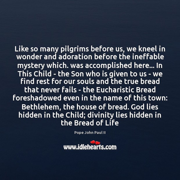 Like so many pilgrims before us, we kneel in wonder and adoration Pope John Paul II Picture Quote