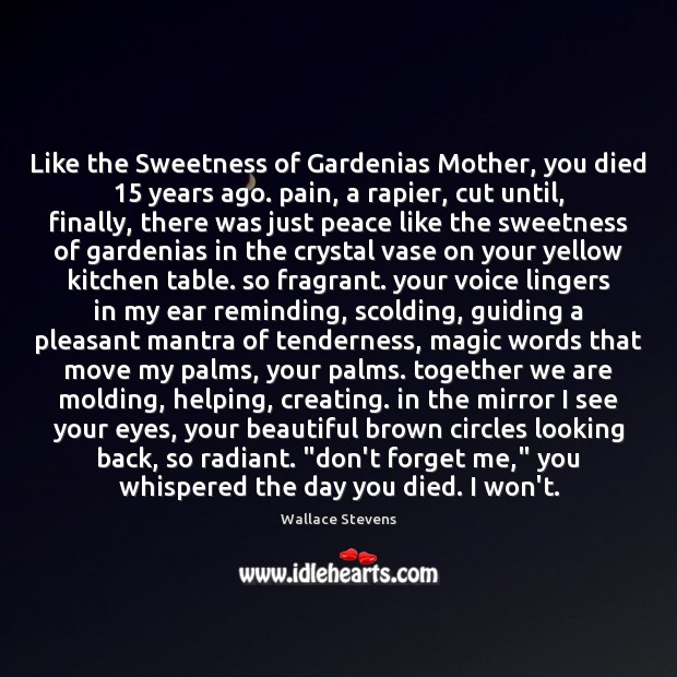 Like the Sweetness of Gardenias Mother, you died 15 years ago. pain, a Wallace Stevens Picture Quote