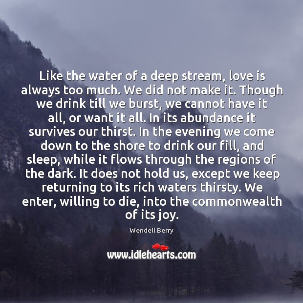 Like the water of a deep stream, love is always too much. Love Is Quotes Image