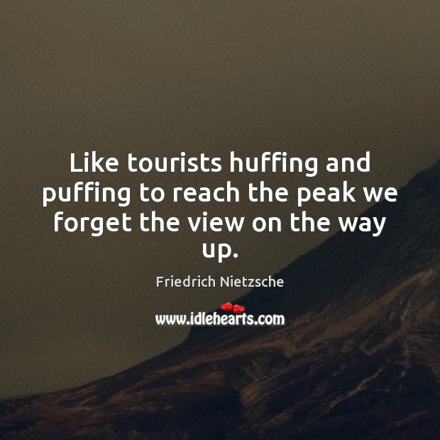 Like tourists huffing and puffing to reach the peak we forget the view on the way up. Friedrich Nietzsche Picture Quote