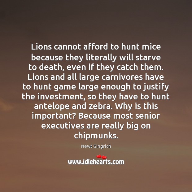 Lions cannot afford to hunt mice because they literally will starve to Newt Gingrich Picture Quote