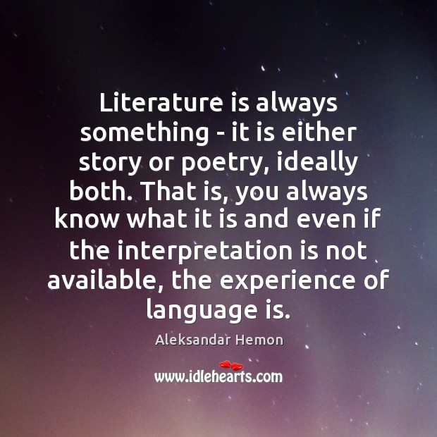 Literature is always something – it is either story or poetry, ideally Aleksandar Hemon Picture Quote