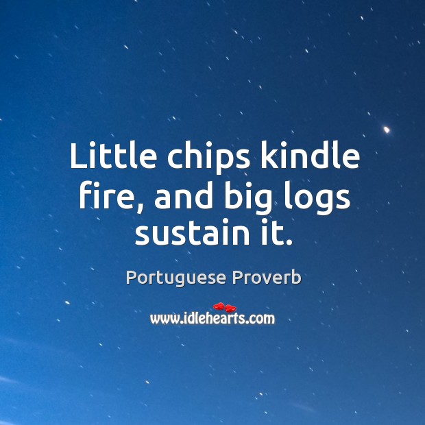 Little chips kindle fire, and big logs sustain it. Portuguese Proverbs Image