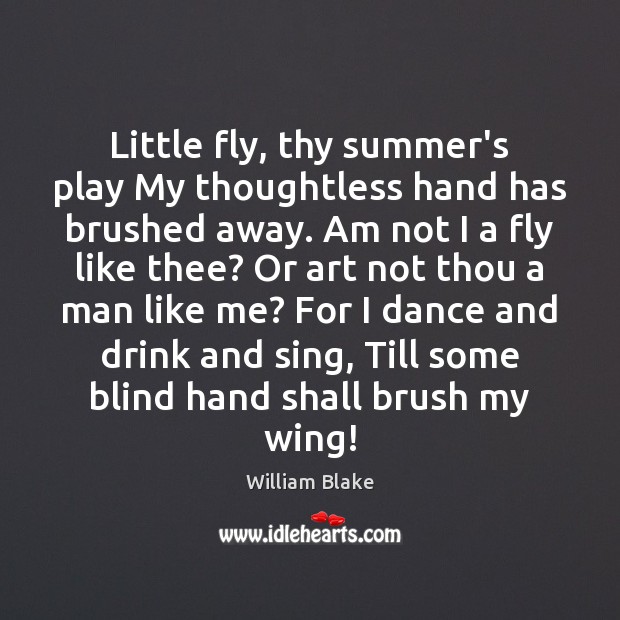 Little fly, thy summer’s play My thoughtless hand has brushed away. Am William Blake Picture Quote