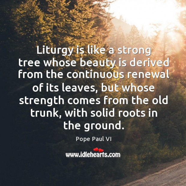 Liturgy is like a strong tree whose beauty is derived from the continuous renewal of its leaves Pope Paul VI Picture Quote