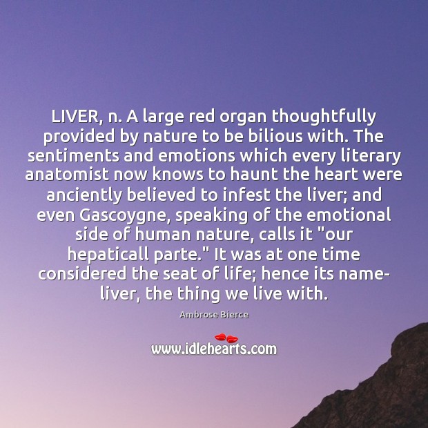 LIVER, n. A large red organ thoughtfully provided by nature to be Ambrose Bierce Picture Quote