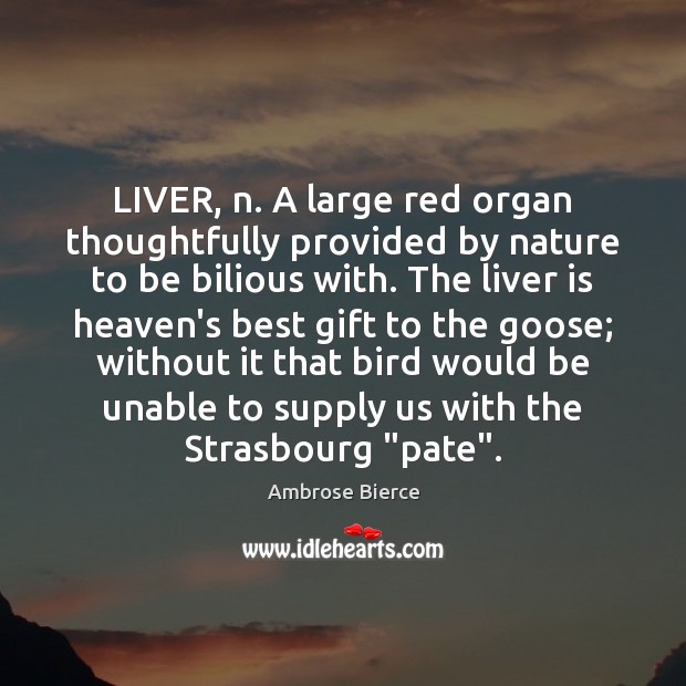 LIVER, n. A large red organ thoughtfully provided by nature to be Ambrose Bierce Picture Quote