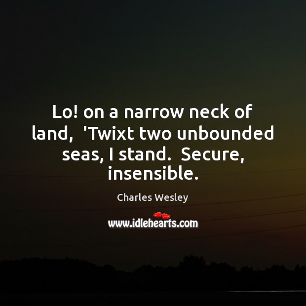 Lo! on a narrow neck of land,  ‘Twixt two unbounded seas, I stand.  Secure, insensible. Image