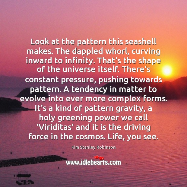 Look at the pattern this seashell makes. The dappled whorl, curving inward Kim Stanley Robinson Picture Quote