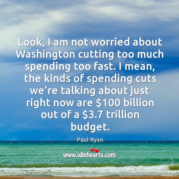 Look, I am not worried about washington cutting too much spending too fast. Paul Ryan Picture Quote