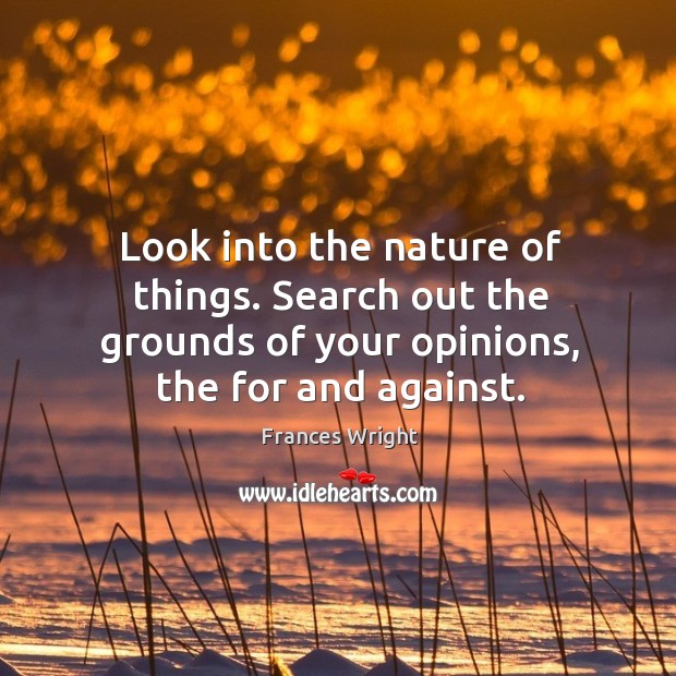 Look into the nature of things. Search out the grounds of your opinions, the for and against. Frances Wright Picture Quote