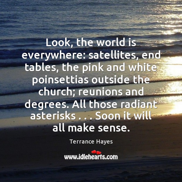 Look, the world is everywhere: satellites, end tables, the pink and white Terrance Hayes Picture Quote