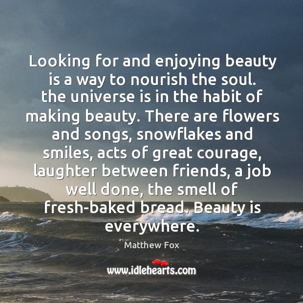 Looking for and enjoying beauty is a way to nourish the soul. Matthew Fox Picture Quote